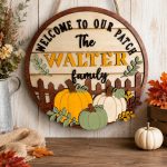 Personalized Fall Family Pumpkin Round Door Hanger | Custom Autumn Welcome Sign | Layered Wooden Porch Decor
