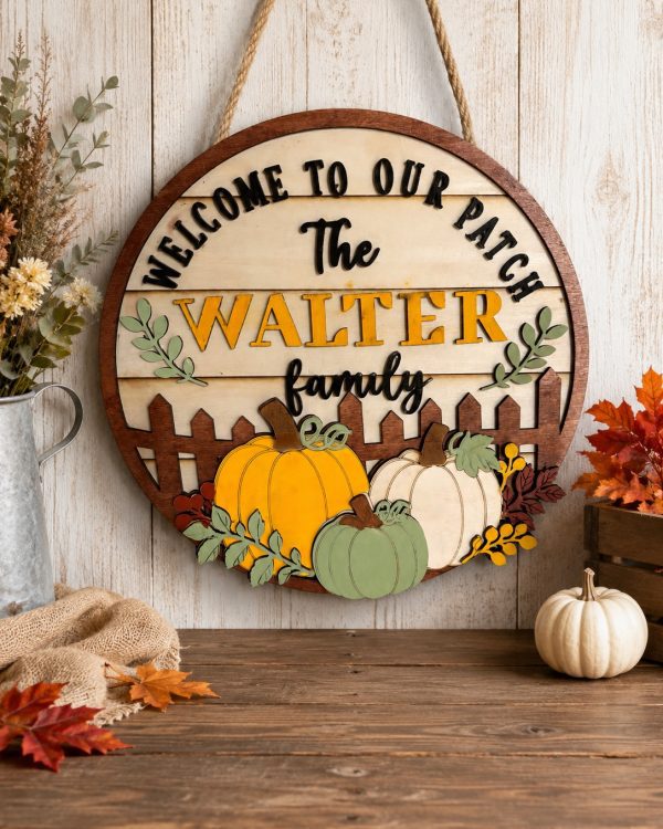 Personalized Fall Family Pumpkin Round Door Hanger | Custom Autumn Welcome Sign | Layered Wooden Porch Decor