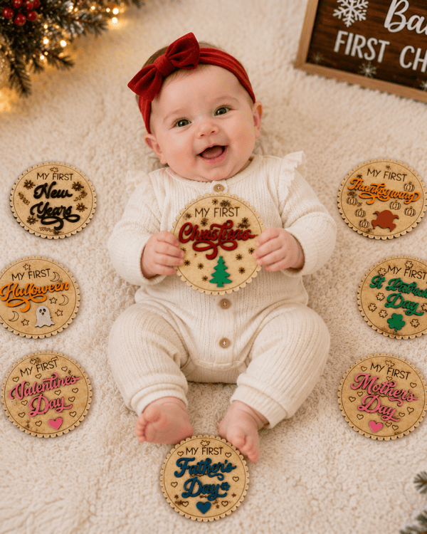 Baby's First Holiday Milestone Disc Set | Wooden Baby Milestone Markers | Approx. 4 Inch Milestone Photo Props