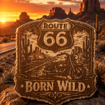 Route 66 “Born Wild” Motorcycle Wooden Sign with Display Stand