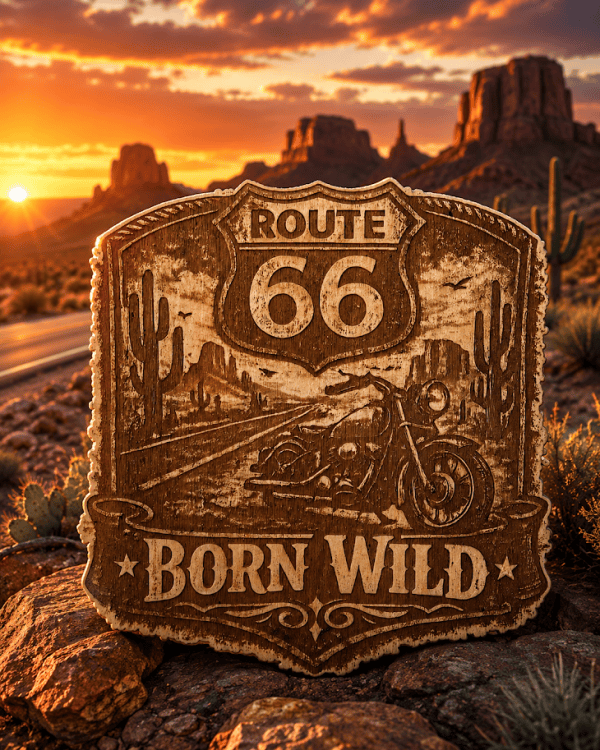 Route 66 “Born Wild” Motorcycle Wooden Sign with Display Stand