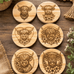 Engraved Highland Cow Wooden Coaster Set of 6