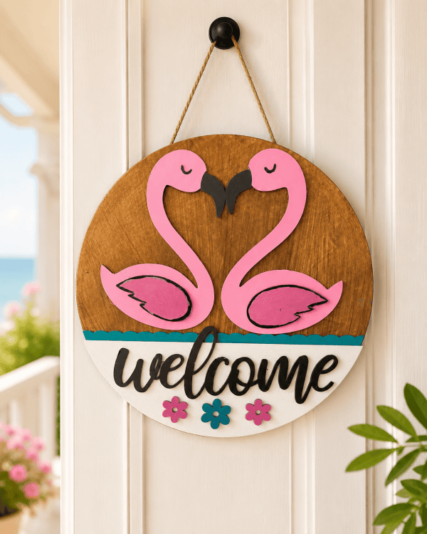 Handmade Pink Flamingo Welcome Door Hanger