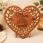 “Mom, You Are the World to Us” Heart-Shaped Wooden Plaque with stand