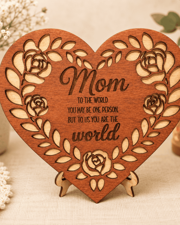 “Mom, You Are the World to Us” Heart-Shaped Wooden Plaque with stand