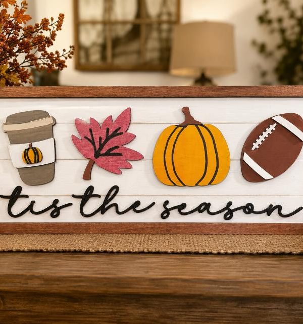 “’Tis the Season” Fall Coffee, Pumpkin & Football Wooden Sign