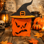 Handmade Glowing Halloween Witch Hat Lantern | Pumpkin & Ghost Face Decor