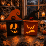 Handmade Glowing Halloween Witch Hat Lantern | Pumpkin & Ghost Face Decor