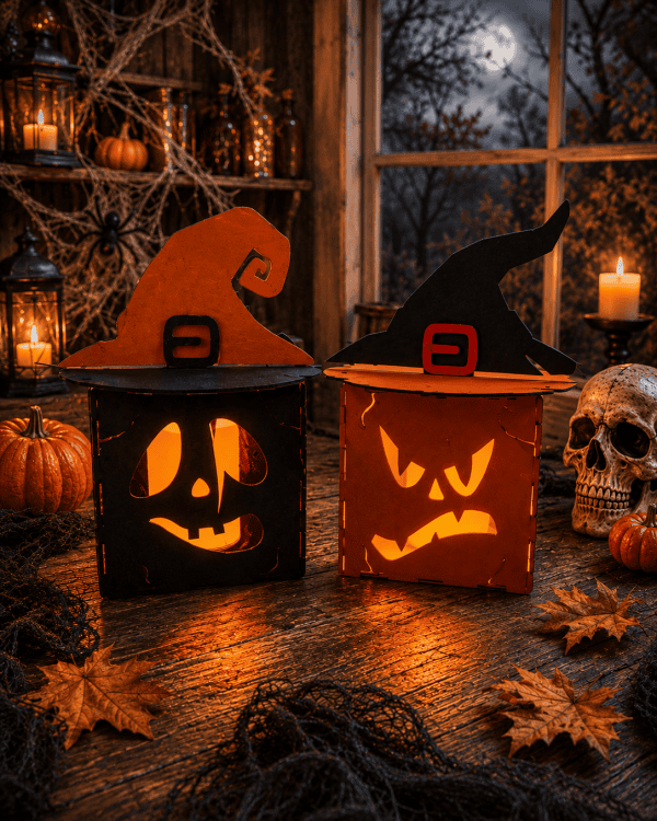 Handmade Glowing Halloween Witch Hat Lantern | Pumpkin & Ghost Face Decor