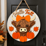 Hello Fall Highland Cow Door Hanger – Handmade Fall Porch Decor