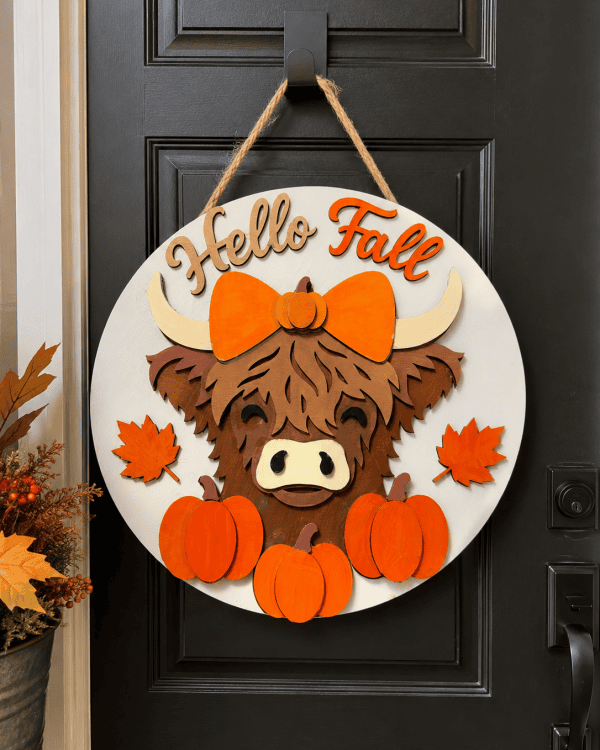 Hello Fall Highland Cow Door Hanger – Handmade Fall Porch Decor