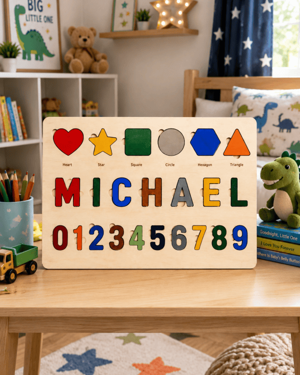 Personalized Wooden Name Puzzle – Shapes, Numbers & Name Learning Board