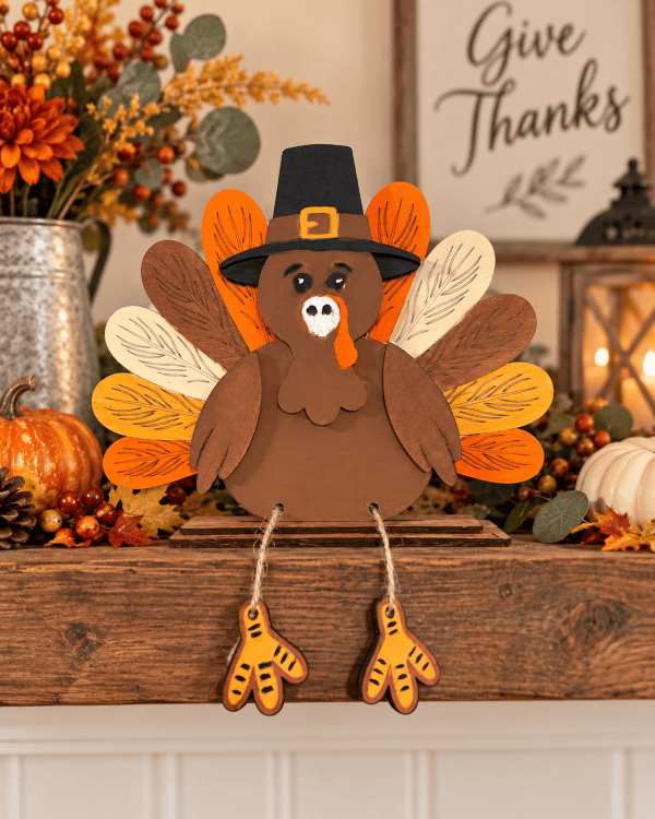 Turkey Shelf Sitter with Dangling Legs | Hand Painted Thanksgiving Decor