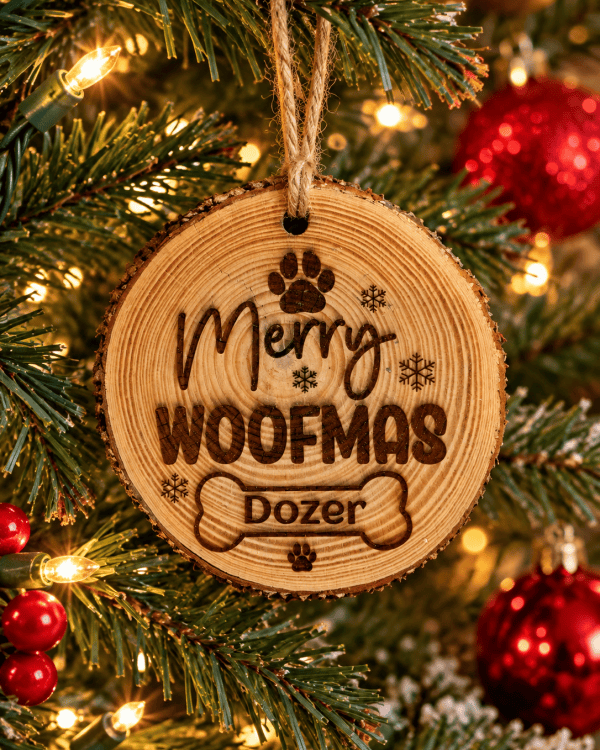 Personalized Dog Christmas Ornament – Engraved Merry Woofmas Wood Slice
