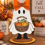 Fall Ghost Shelf Sitter with Pumpkin Basket | Handmade Wooden Fall Decor