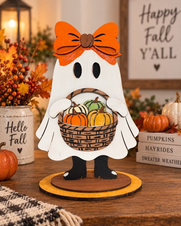 Fall Ghost Shelf Sitter with Pumpkin Basket | Handmade Wooden Fall Decor