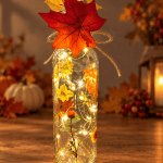 Lighted Fall Bottle Decor with Flowers and Autumn Leaves