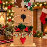 Handmade Wooden Reindeer Christmas Shelf Sitter with Greenery