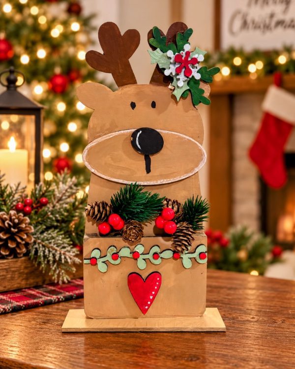 Handmade Wooden Reindeer Christmas Shelf Sitter with Greenery