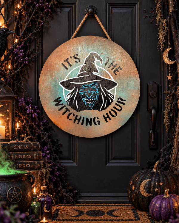 16 Inch Witching Hour Door Hanger | Hand Painted Halloween Door Decor