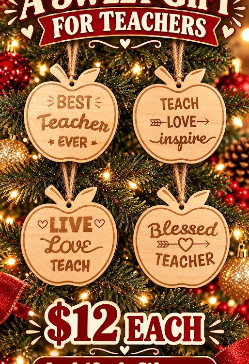 Wooden Teacher Apple Christmas Ornament